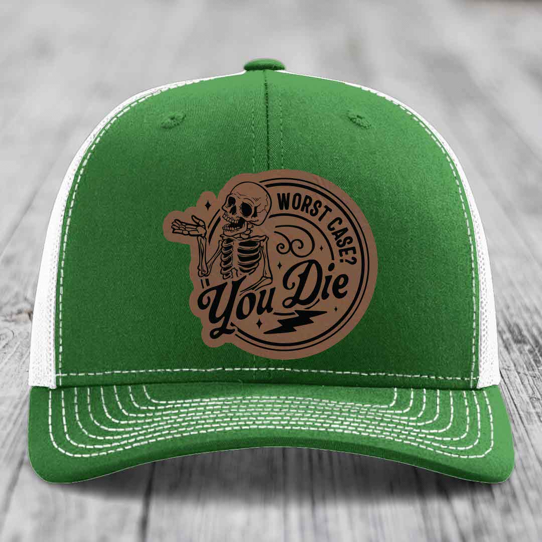 Worst Case, You Die - Leather Patch Hat - Dark Brown to Black Patch - Richardson 112 Snapback Trucker Hat