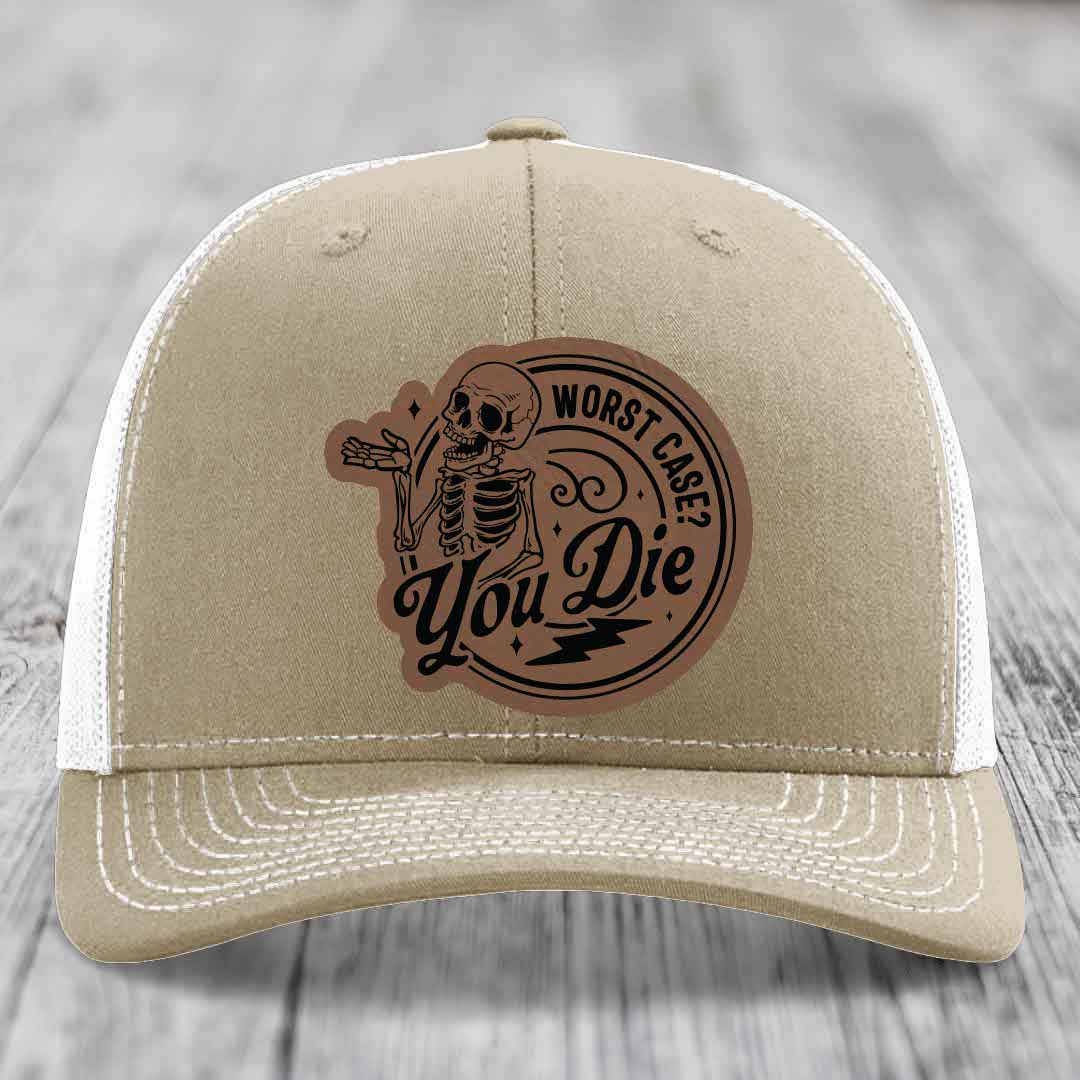Worst Case, You Die - Leather Patch Hat - Dark Brown to Black Patch - Richardson 112 Snapback Trucker Hat
