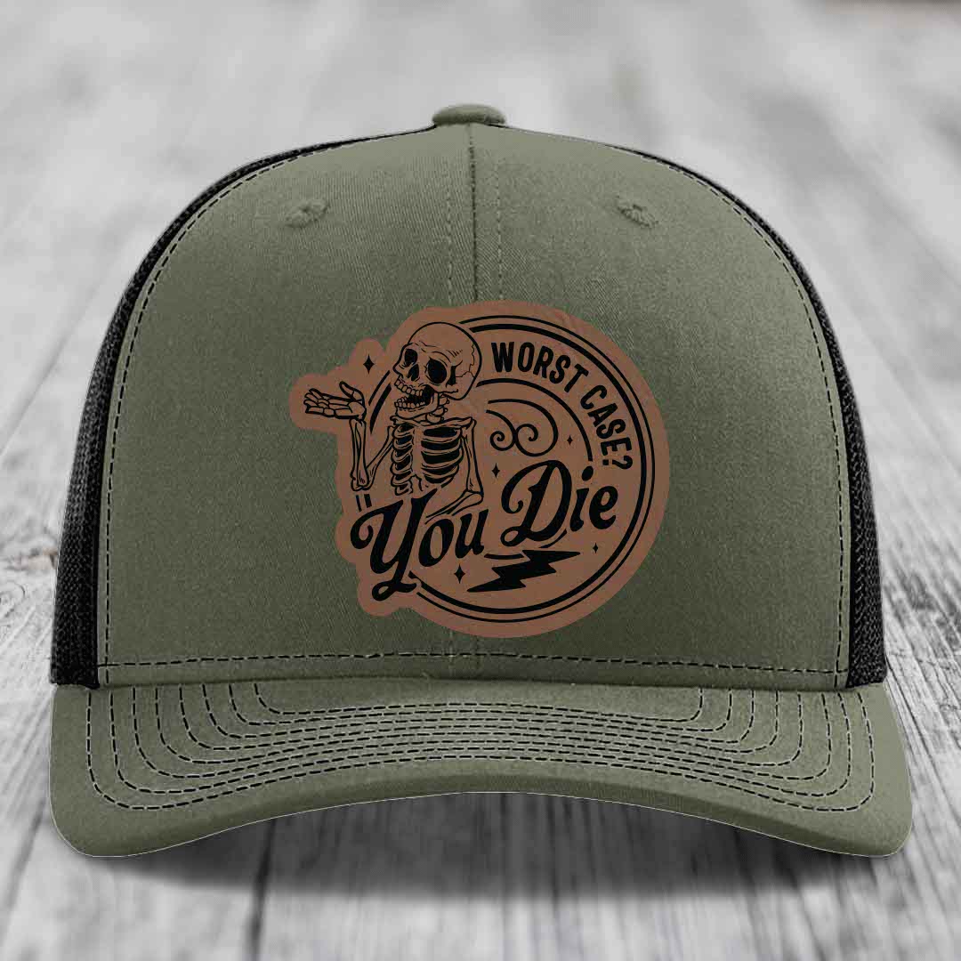 Worst Case, You Die - Leather Patch Hat - Dark Brown to Black Patch - Richardson 112 Snapback Trucker Hat