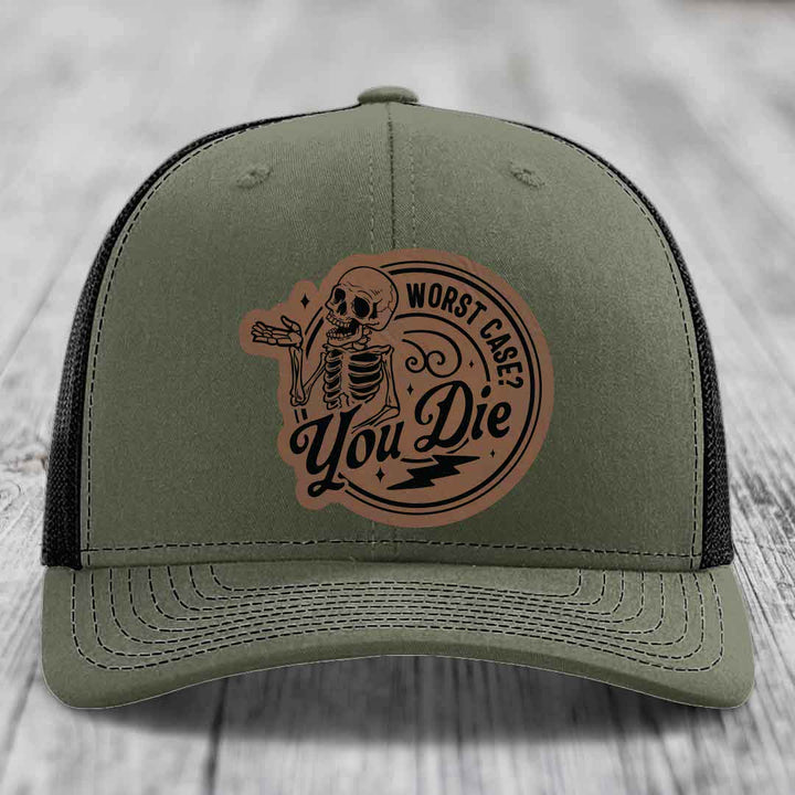 Worst Case, You Die - Leather Patch Hat - Dark Brown to Black Patch - Richardson 112 Snapback Trucker Hat
