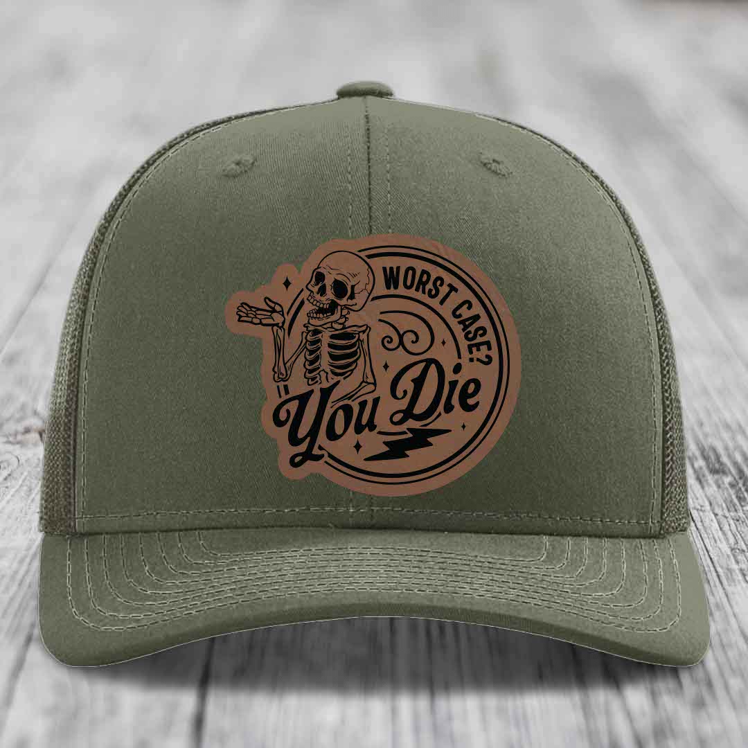 Worst Case, You Die - Leather Patch Hat - Dark Brown to Black Patch - Richardson 112 Snapback Trucker Hat