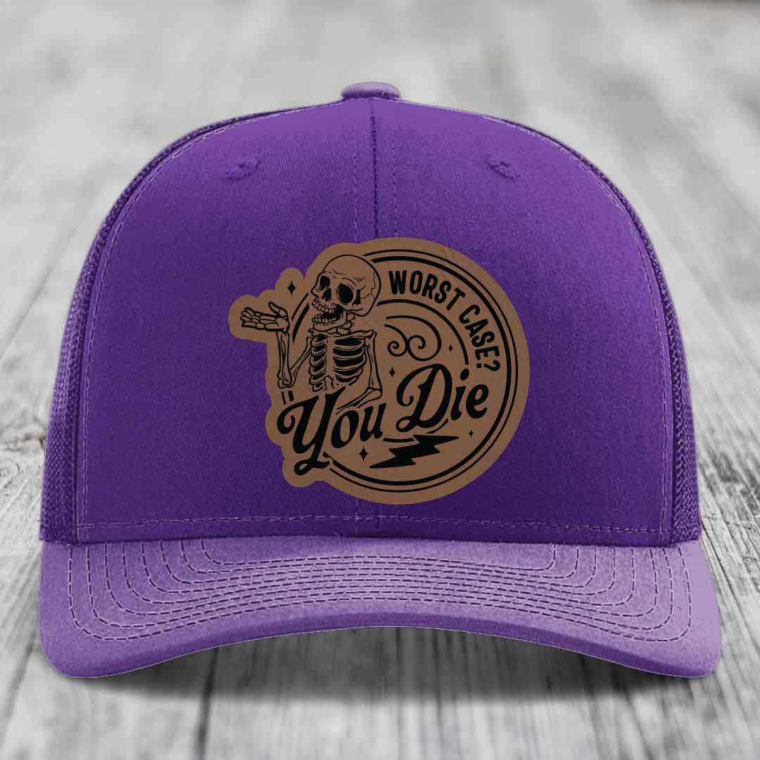 Worst Case, You Die - Leather Patch Hat - Dark Brown to Black Patch - Richardson 112 Snapback Trucker Hat