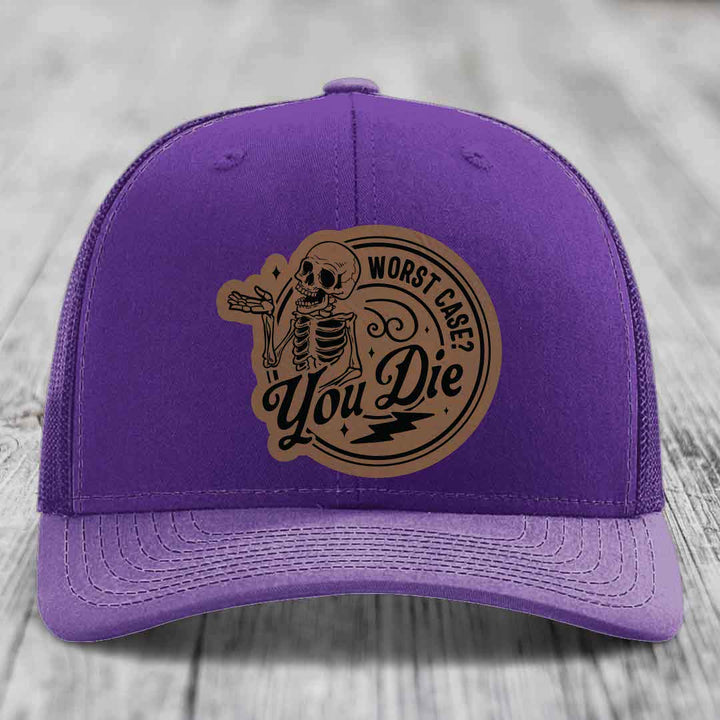 Worst Case, You Die - Leather Patch Hat - Dark Brown to Black Patch - Richardson 112 Snapback Trucker Hat