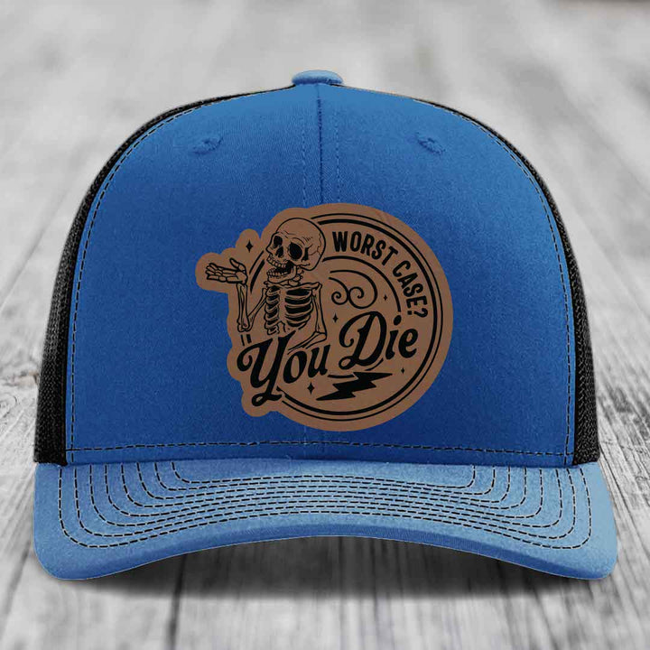 Worst Case, You Die - Leather Patch Hat - Dark Brown to Black Patch - Richardson 112 Snapback Trucker Hat