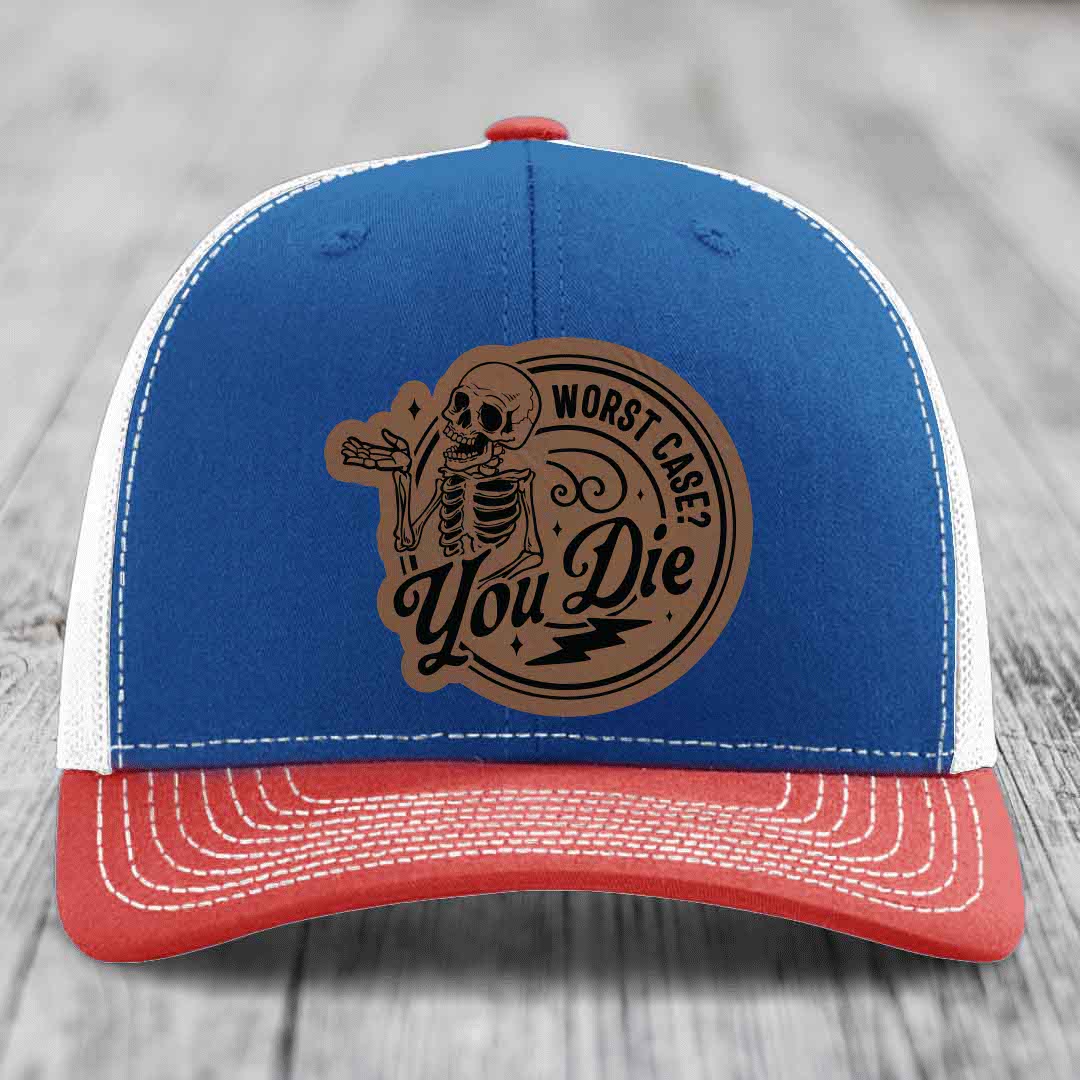 Worst Case, You Die - Leather Patch Hat - Dark Brown to Black Patch - Richardson 112 Snapback Trucker Hat
