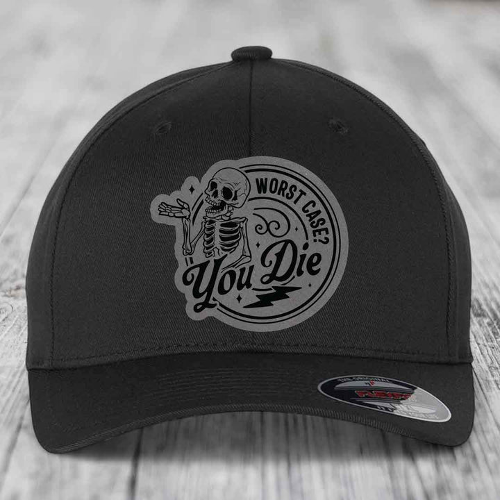 Worst Case, You Die - Leather Patch Hat - Grey to Black Patch - Flexfit 6277 Fitted Hat