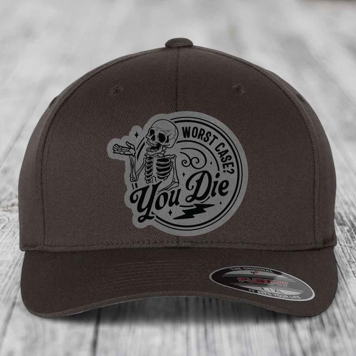 Worst Case, You Die - Leather Patch Hat - Grey to Black Patch - Flexfit 6277 Fitted Hat
