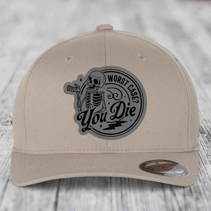 Worst Case, You Die - Leather Patch Hat - Grey to Black Patch - Flexfit 6277 Fitted Hat