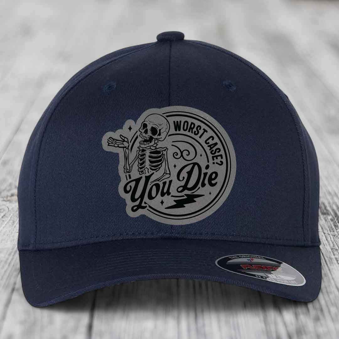 Dark blue baseball cap with a circular patch featuring a skeleton and the text &