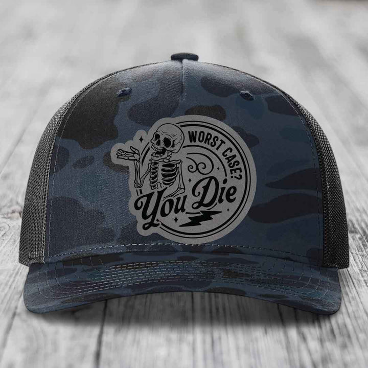 Worst Case, You Die - Leather Patch Hat - Grey to Black Patch - Richardson 112PFP Snapback Trucker Hat