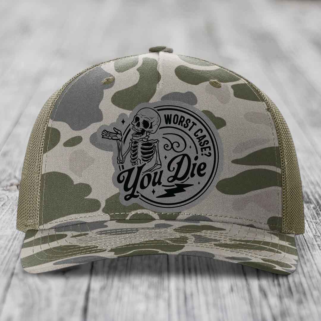 Worst Case, You Die - Leather Patch Hat - Grey to Black Patch - Richardson 112PFP Snapback Trucker Hat