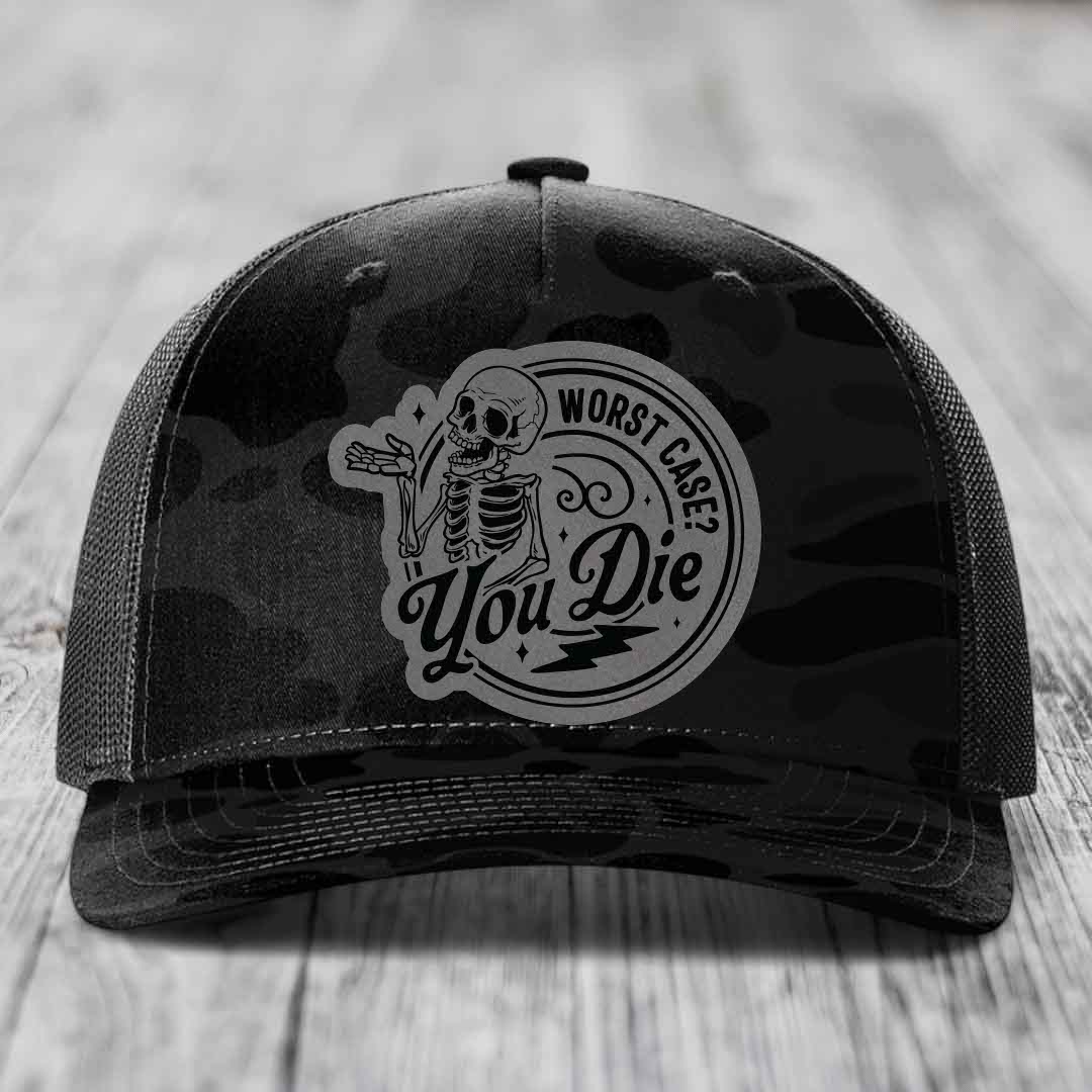 Worst Case, You Die - Leather Patch Hat - Grey to Black Patch - Richardson 112PFP Snapback Trucker Hat