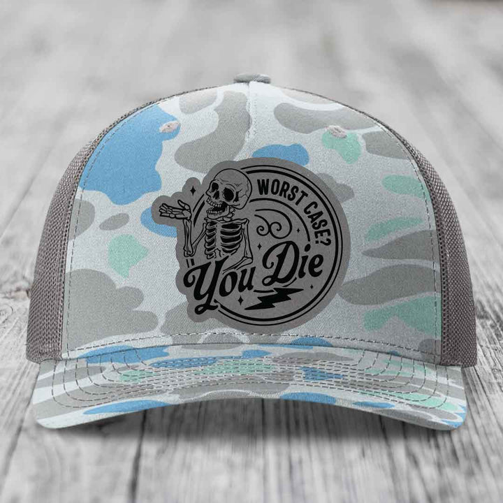 Worst Case, You Die - Leather Patch Hat - Grey to Black Patch - Richardson 112PFP Snapback Trucker Hat