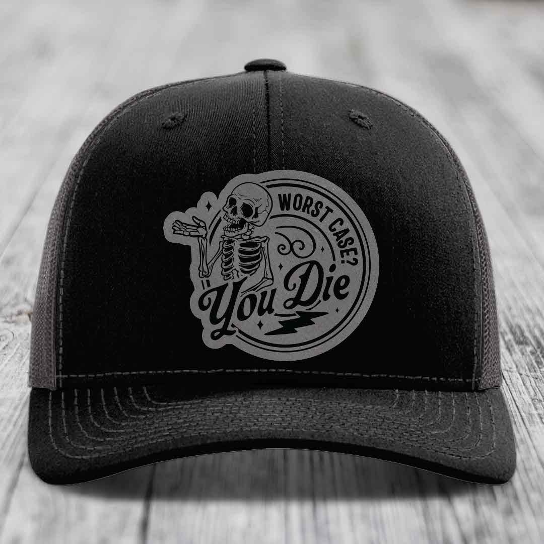 Worst Case, You Die - Leather Patch Hat - Grey to Black Patch - Richardson 112 Snapback Trucker Hat