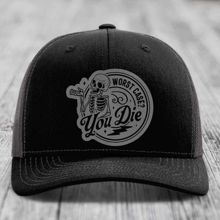 Worst Case, You Die - Leather Patch Hat - Grey to Black Patch - Richardson 112 Snapback Trucker Hat