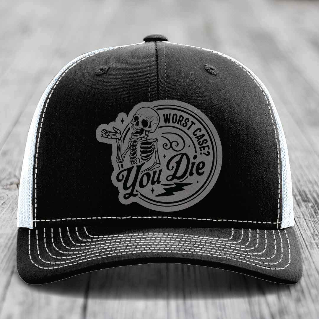 Worst Case, You Die - Leather Patch Hat - Grey to Black Patch - Richardson 112 Snapback Trucker Hat