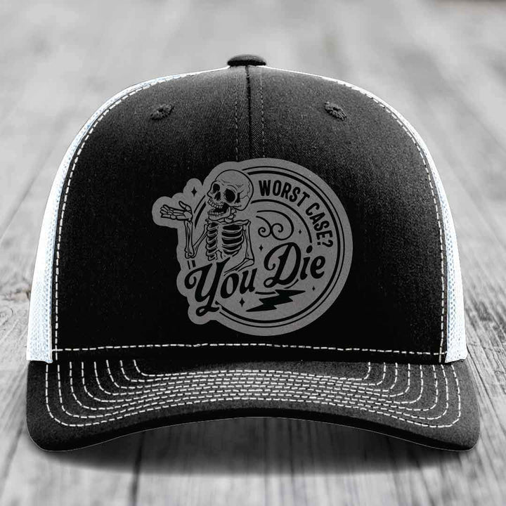 Worst Case, You Die - Leather Patch Hat - Grey to Black Patch - Richardson 112 Snapback Trucker Hat