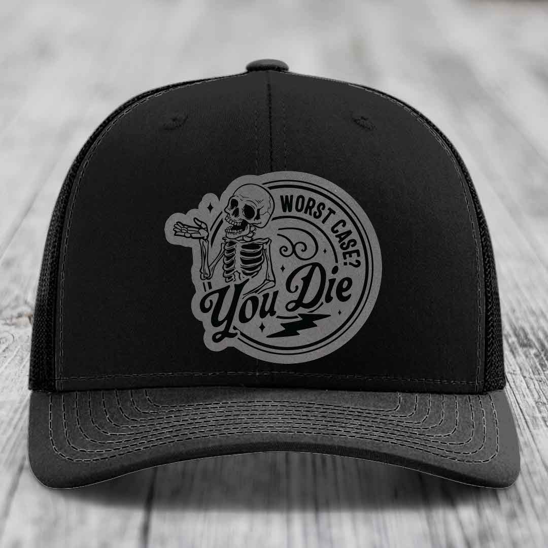Worst Case, You Die - Leather Patch Hat - Grey to Black Patch - Richardson 112 Snapback Trucker Hat
