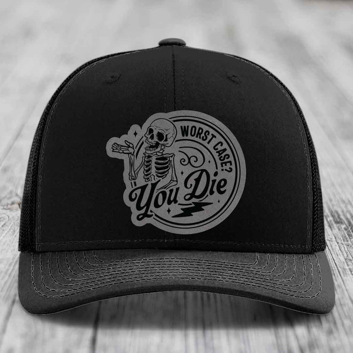 Worst Case, You Die - Leather Patch Hat - Grey to Black Patch - Richardson 112 Snapback Trucker Hat