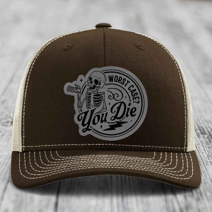 Worst Case, You Die - Leather Patch Hat - Grey to Black Patch - Richardson 112 Snapback Trucker Hat