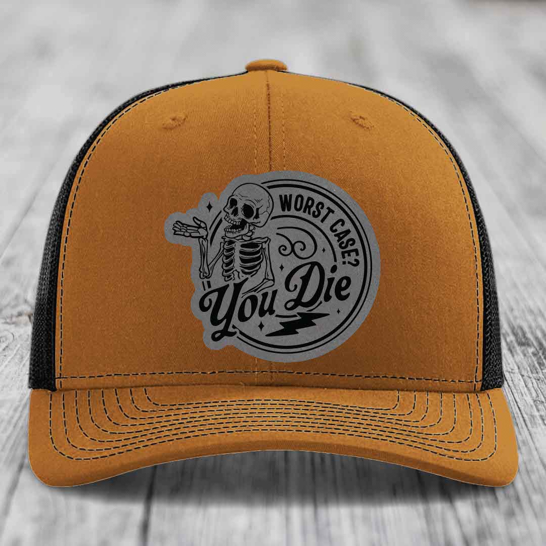 Worst Case, You Die - Leather Patch Hat - Grey to Black Patch - Richardson 112 Snapback Trucker Hat