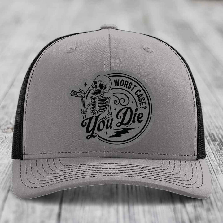 Worst Case, You Die - Leather Patch Hat - Grey to Black Patch - Richardson 112 Snapback Trucker Hat