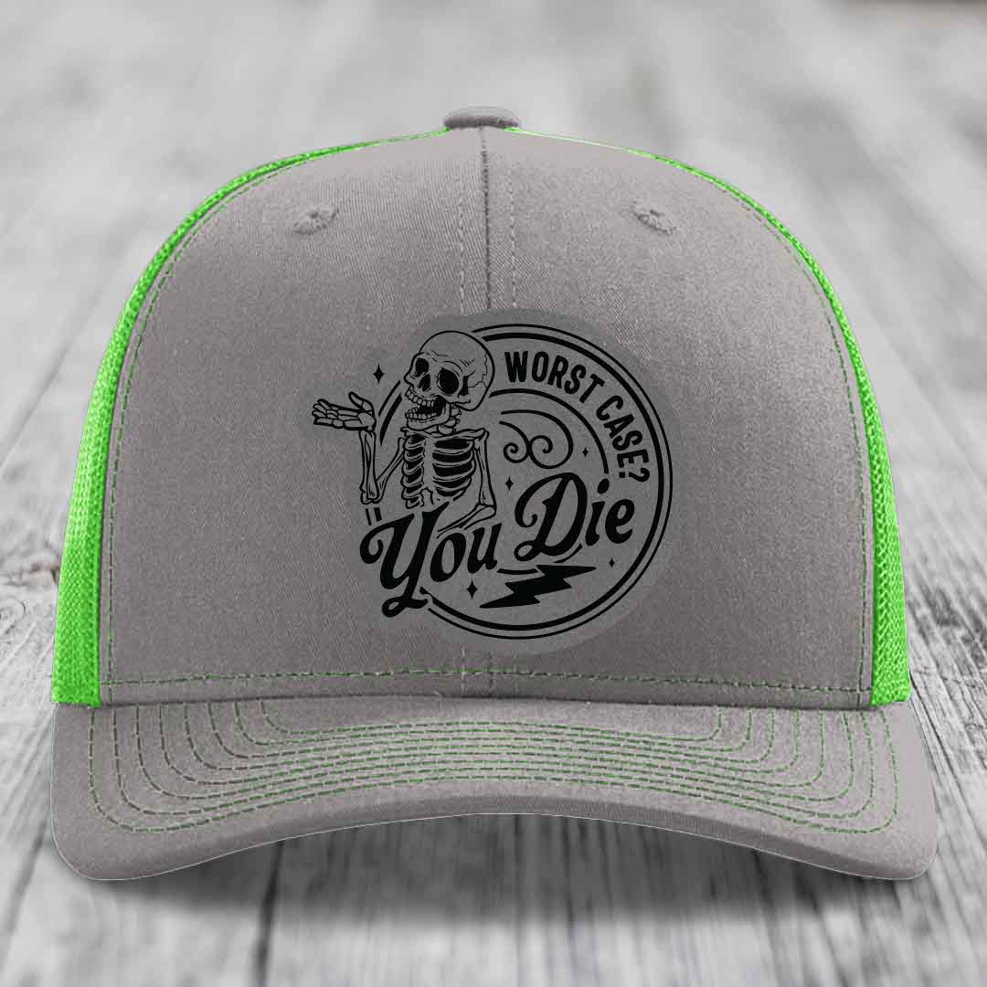 Worst Case, You Die - Leather Patch Hat - Grey to Black Patch - Richardson 112 Snapback Trucker Hat