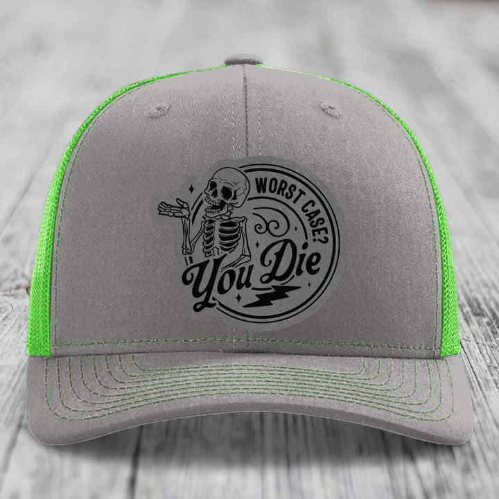 Worst Case, You Die - Leather Patch Hat - Grey to Black Patch - Richardson 112 Snapback Trucker Hat
