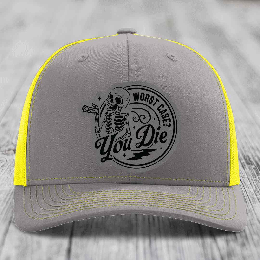 Worst Case, You Die - Leather Patch Hat - Grey to Black Patch - Richardson 112 Snapback Trucker Hat