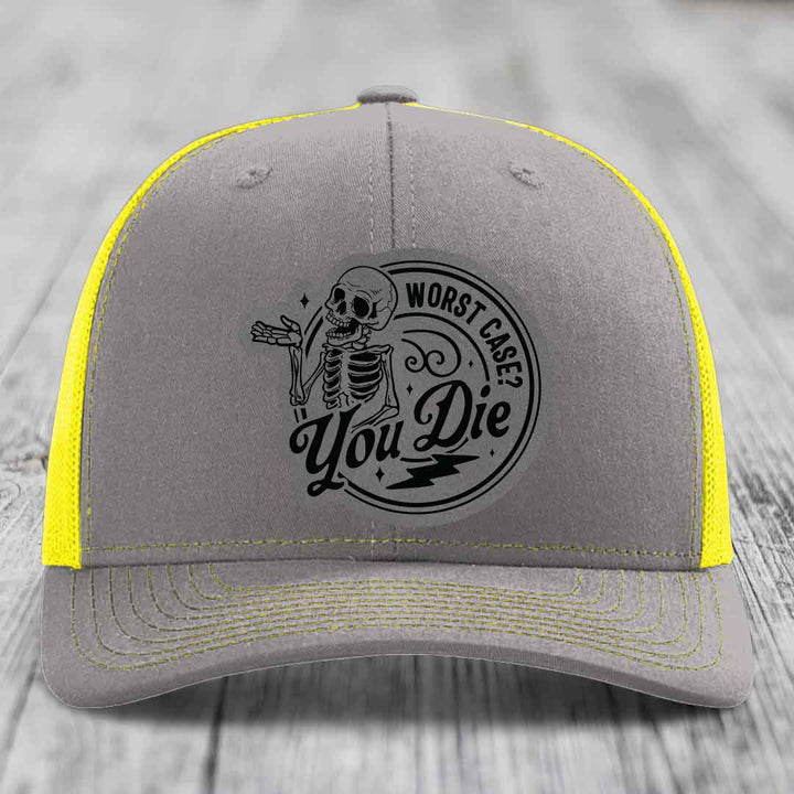 Worst Case, You Die - Leather Patch Hat - Grey to Black Patch - Richardson 112 Snapback Trucker Hat