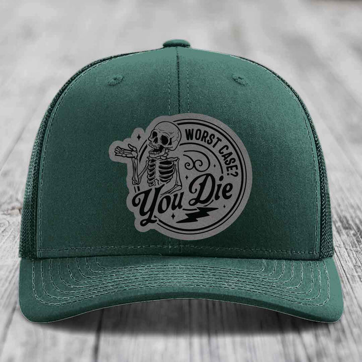 Worst Case, You Die - Leather Patch Hat - Grey to Black Patch - Richardson 112 Snapback Trucker Hat