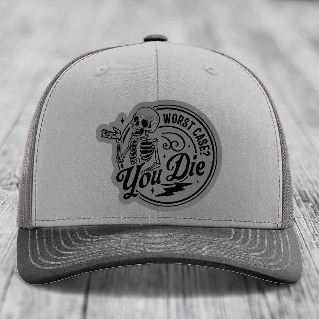 Worst Case, You Die - Leather Patch Hat - Grey to Black Patch - Richardson 112 Snapback Trucker Hat
