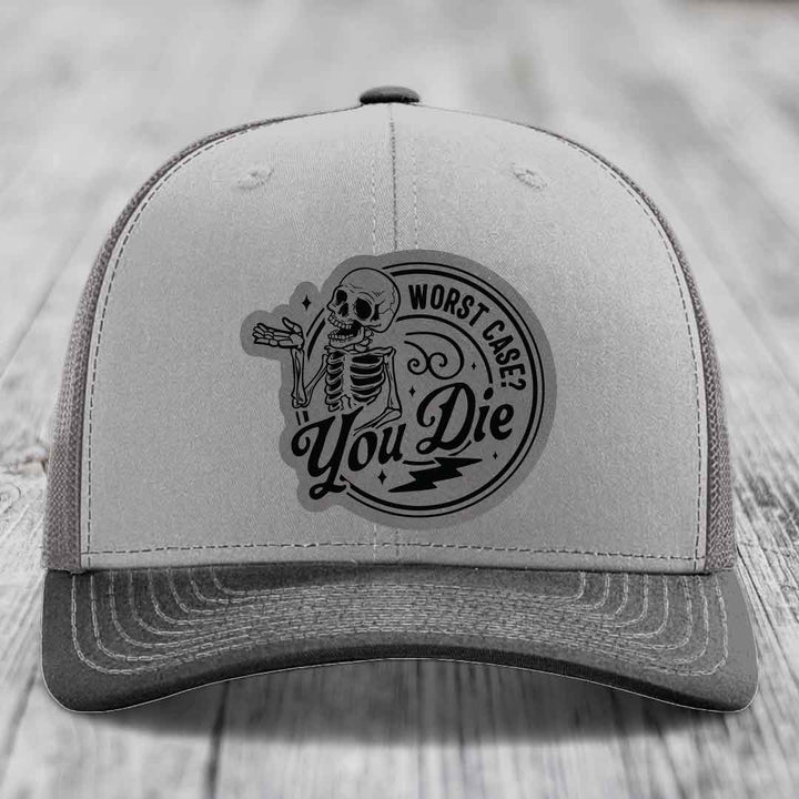 Worst Case, You Die - Leather Patch Hat - Grey to Black Patch - Richardson 112 Snapback Trucker Hat