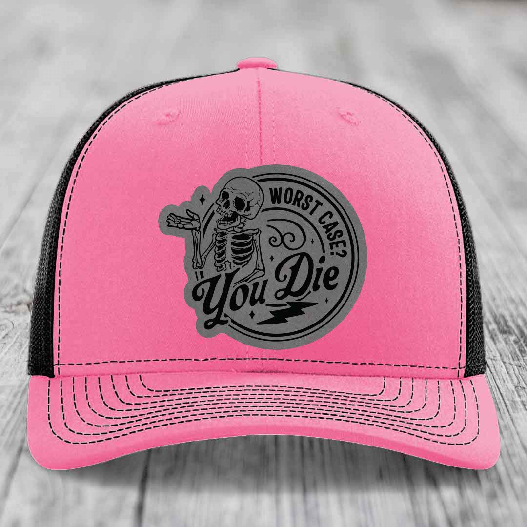 Worst Case, You Die - Leather Patch Hat - Grey to Black Patch - Richardson 112 Snapback Trucker Hat