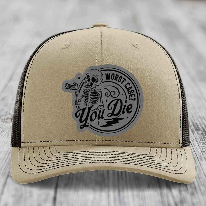 Worst Case, You Die - Leather Patch Hat - Grey to Black Patch - Richardson 112 Snapback Trucker Hat