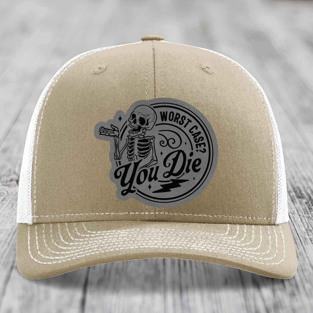 Worst Case, You Die - Leather Patch Hat - Grey to Black Patch - Richardson 112 Snapback Trucker Hat