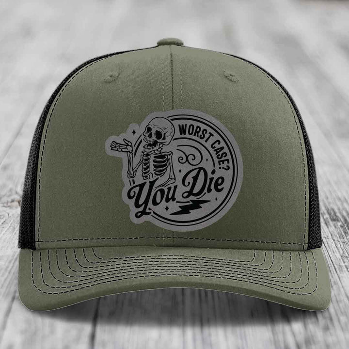 Worst Case, You Die - Leather Patch Hat - Grey to Black Patch - Richardson 112 Snapback Trucker Hat