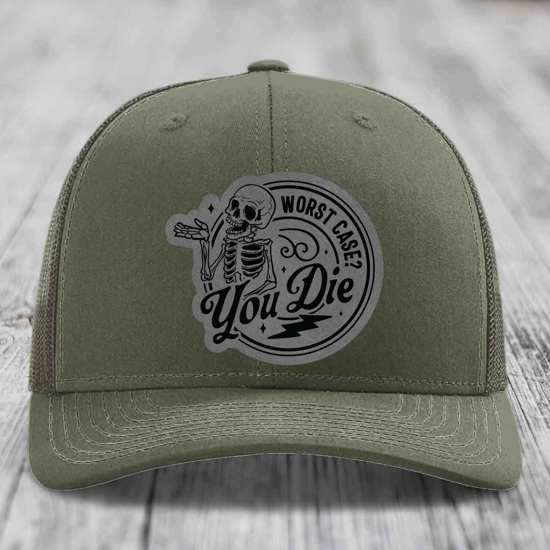 Worst Case, You Die - Leather Patch Hat - Grey to Black Patch - Richardson 112 Snapback Trucker Hat