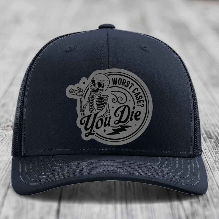Worst Case, You Die - Leather Patch Hat - Grey to Black Patch - Richardson 112 Snapback Trucker Hat