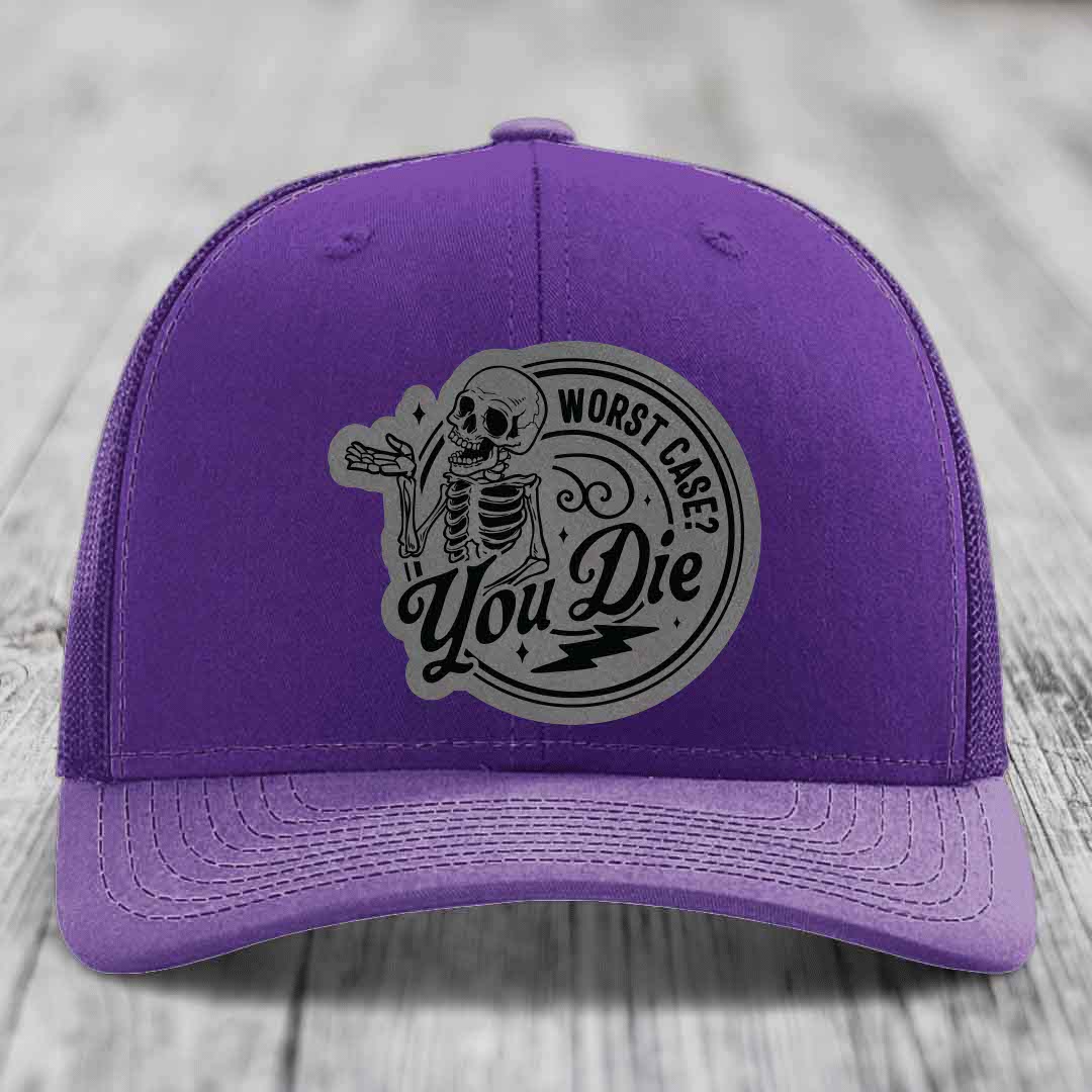 Worst Case, You Die - Leather Patch Hat - Grey to Black Patch - Richardson 112 Snapback Trucker Hat