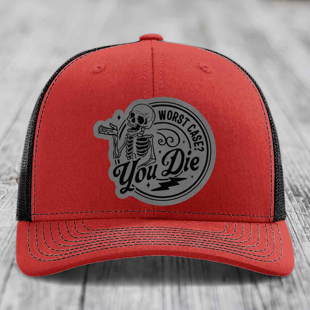Worst Case, You Die - Leather Patch Hat - Grey to Black Patch - Richardson 112 Snapback Trucker Hat