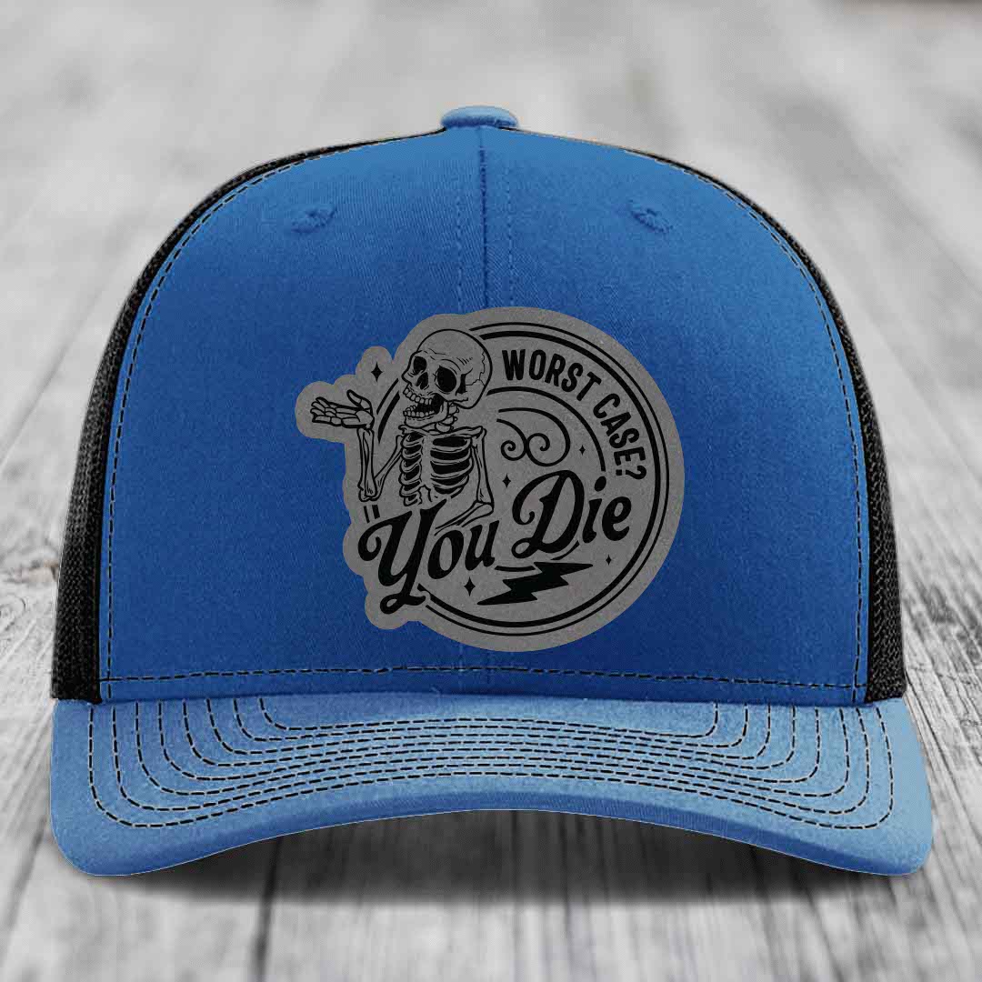 Worst Case, You Die - Leather Patch Hat - Grey to Black Patch - Richardson 112 Snapback Trucker Hat