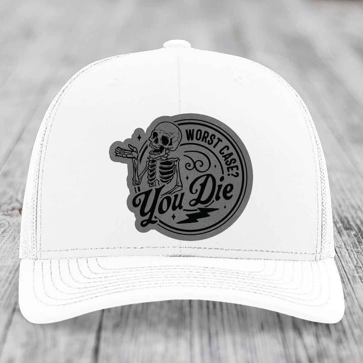 Worst Case, You Die - Leather Patch Hat - Grey to Black Patch - Richardson 112 Snapback Trucker Hat