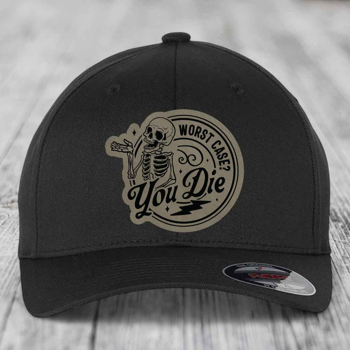 Worst Case, You Die - Leather Patch Hat - Light Brown to Black Patch - Flexfit 6277 Fitted Hat
