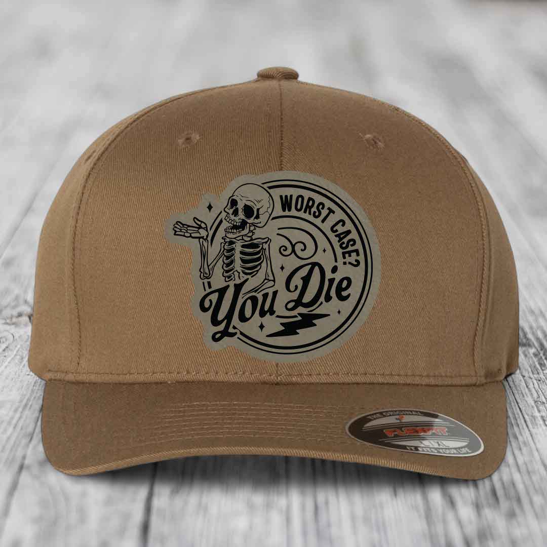 Worst Case, You Die - Leather Patch Hat - Light Brown to Black Patch - Flexfit 6277 Fitted Hat