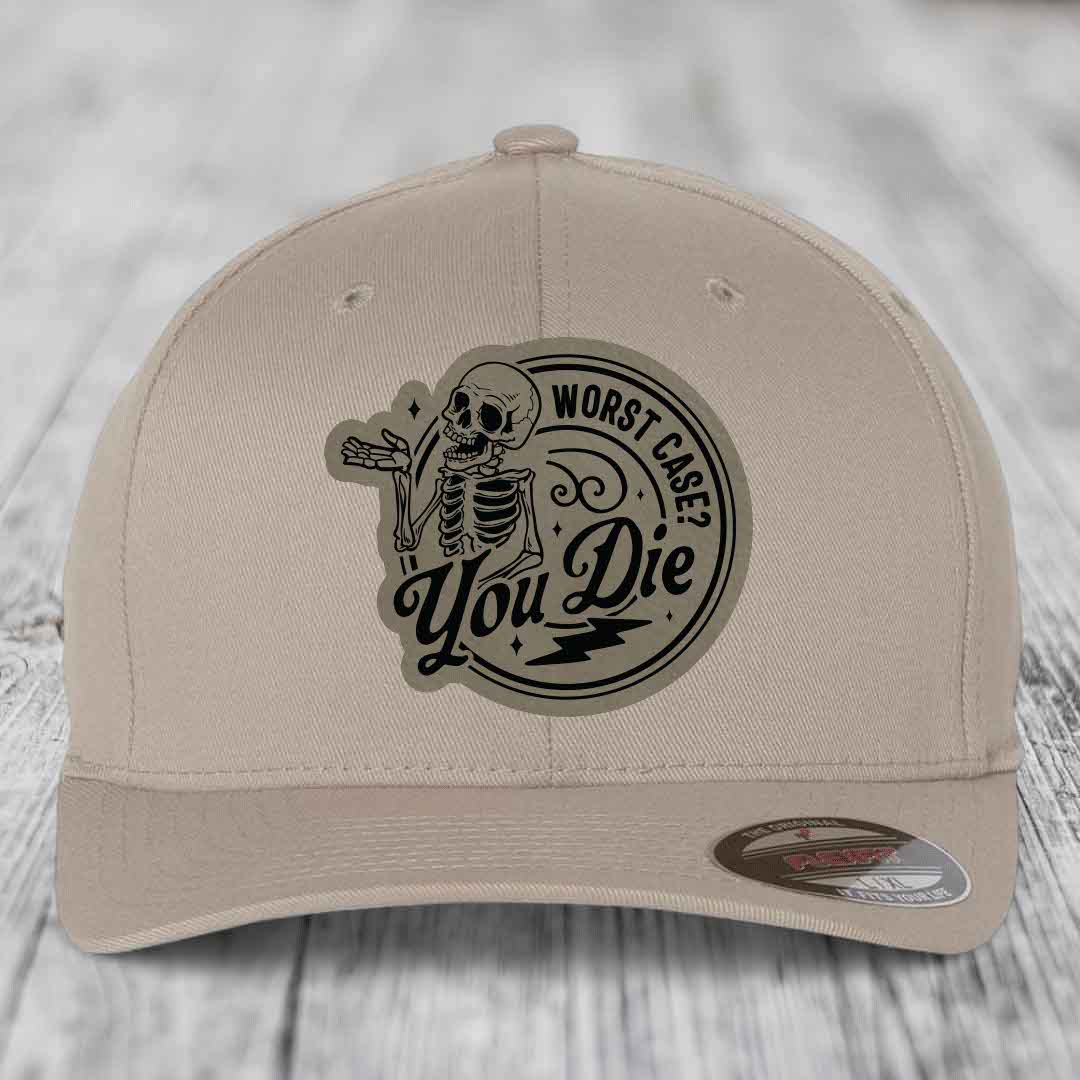 Worst Case, You Die - Leather Patch Hat - Light Brown to Black Patch - Flexfit 6277 Fitted Hat
