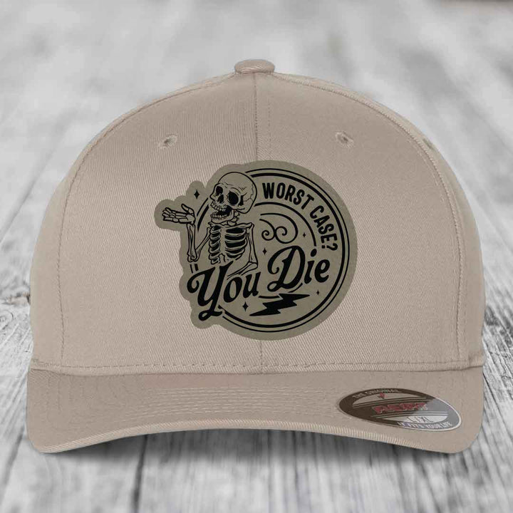 Worst Case, You Die - Leather Patch Hat - Light Brown to Black Patch - Flexfit 6277 Fitted Hat