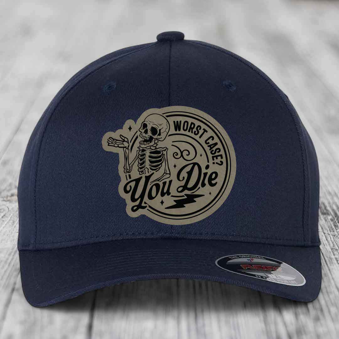 Worst Case, You Die - Leather Patch Hat - Light Brown to Black Patch - Flexfit 6277 Fitted Hat
