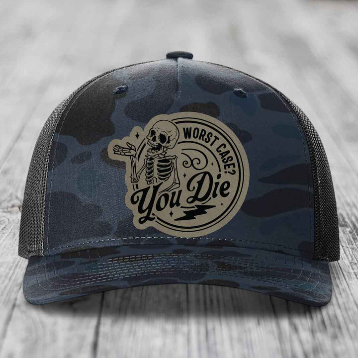 Worst Case, You Die - Leather Patch Hat - Light Brown to Black Patch - Richardson 112PFP Snapback Trucker Hat