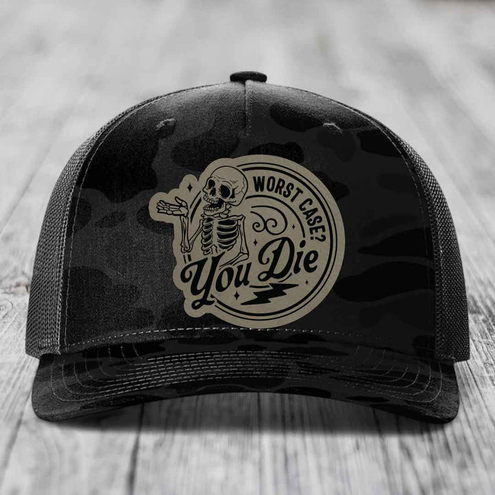 Worst Case, You Die - Leather Patch Hat - Light Brown to Black Patch - Richardson 112PFP Snapback Trucker Hat